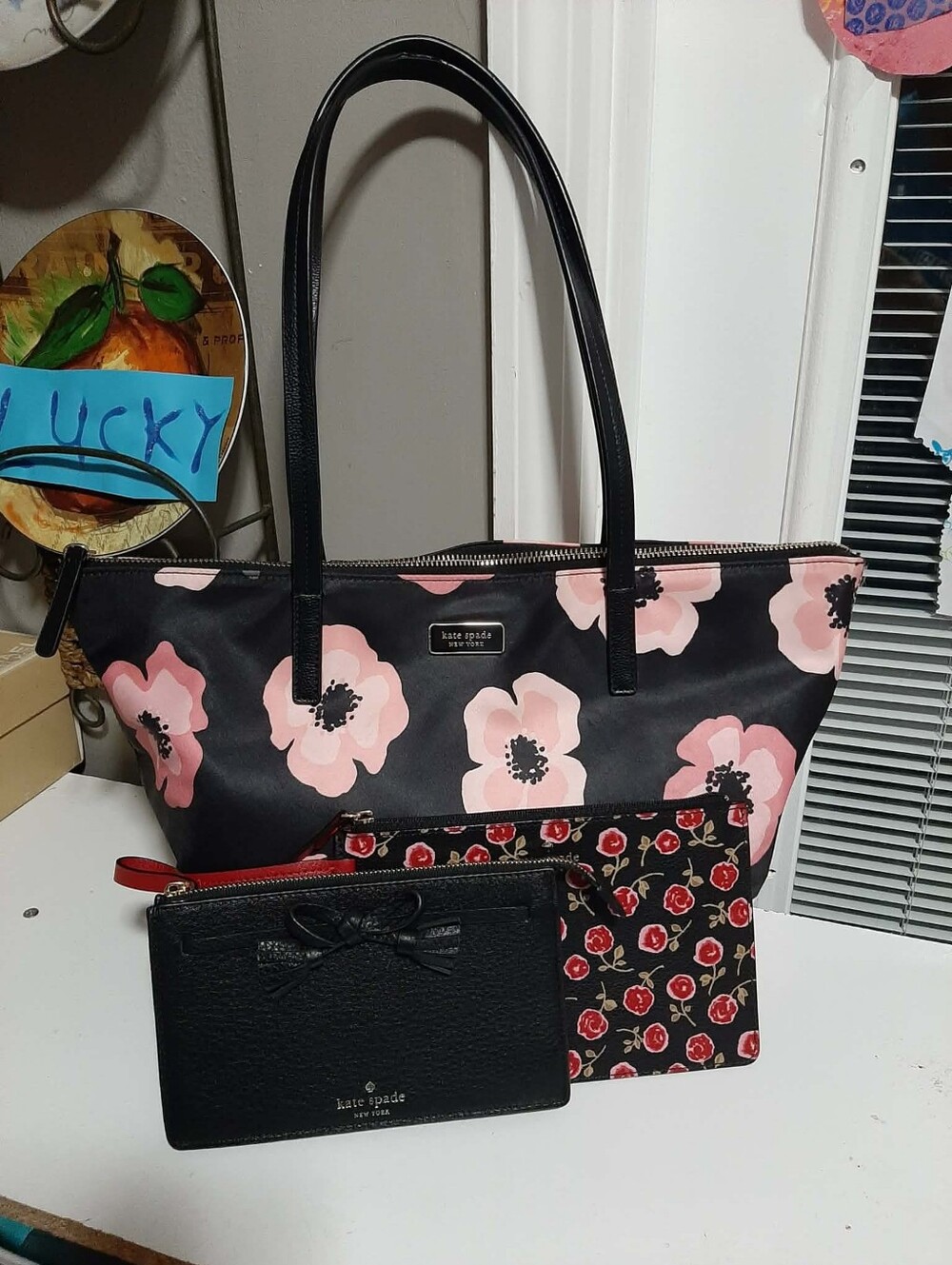 KATE SPADE "Hayden" Zip-Top Blk 'N Floral Nylon Tote 3 Pc Set